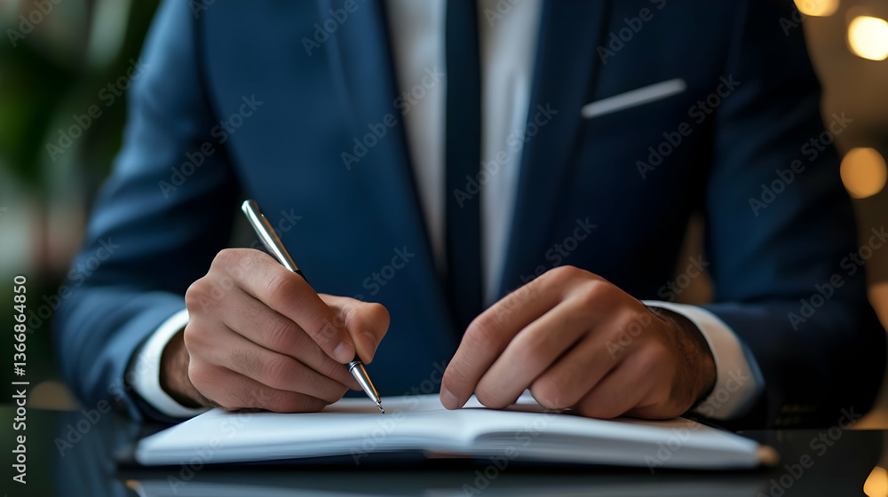 Obraz premium Close Up of Businessman in Dark Blue Suit Signing a Legal Document with Silver Pen on Shiny Black Desk with Soft Lighting