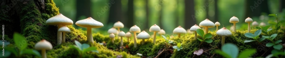 Fungal forest floor carpeted with white mushrooms, solitude, trees Fungal forest floor carpeted with white mushrooms, solitude, trees