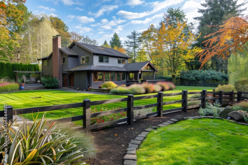Fototapeta premium Vinyl fence installation that wraps around the exterior of backyard