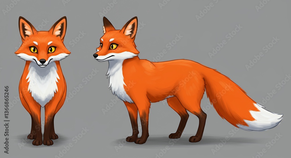 Obraz premium Cartoon Fox Posing in Two Views for Animation or Design
