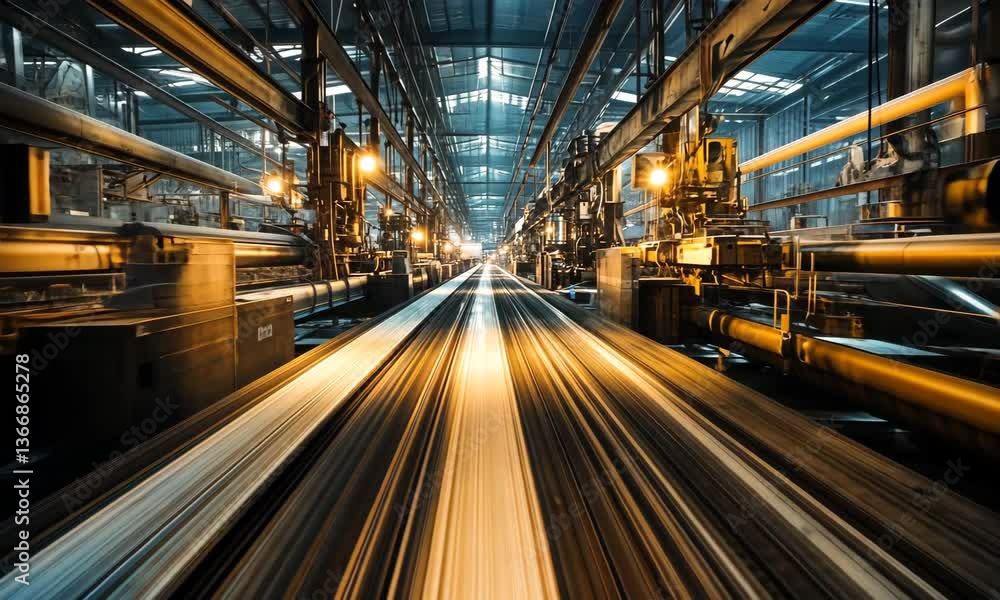 Industrial Machinery and Conveyor System in Motion within a Modern Manufacturing Facility Industrial Machinery and Conveyor System in Motion within a Modern Manufacturing Facility