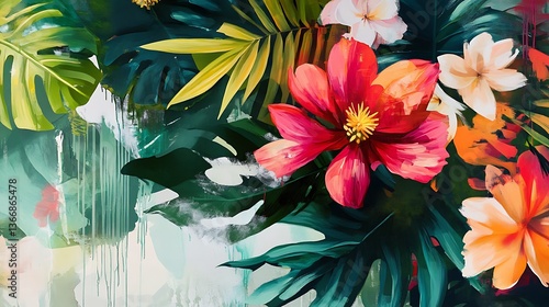 Tropical floral accents paired with bold green leaves and abstract highlights