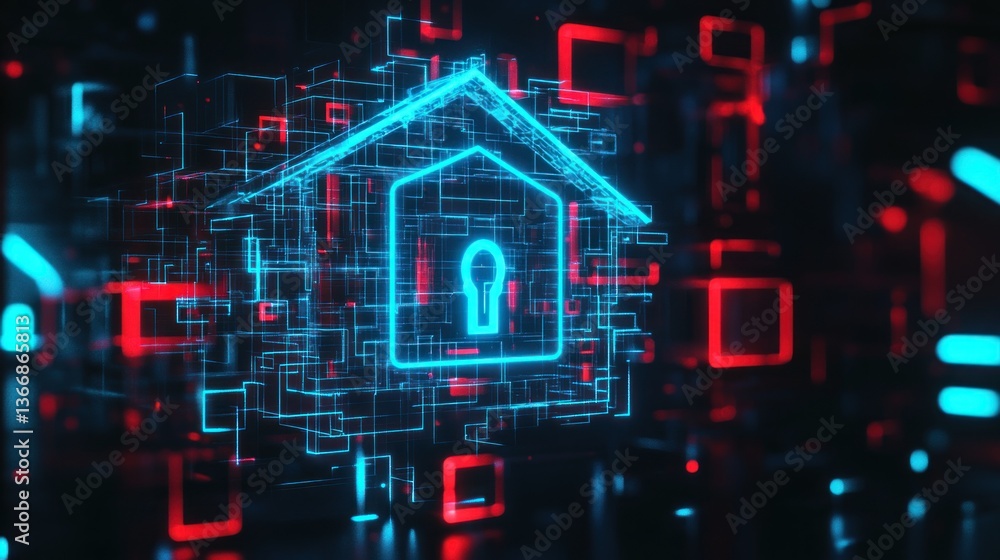 Obraz premium Abstract digital home security concept, glowing lines forming a house with a padlock symbol on a complex network of glowing rectangles and numbers.