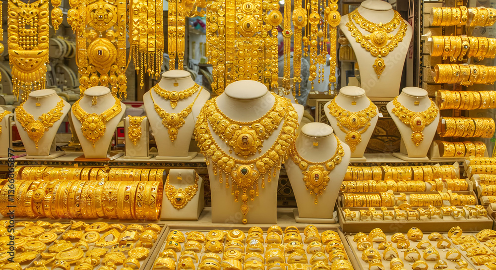 Fototapeta premium Golden Jewelry Display In Market