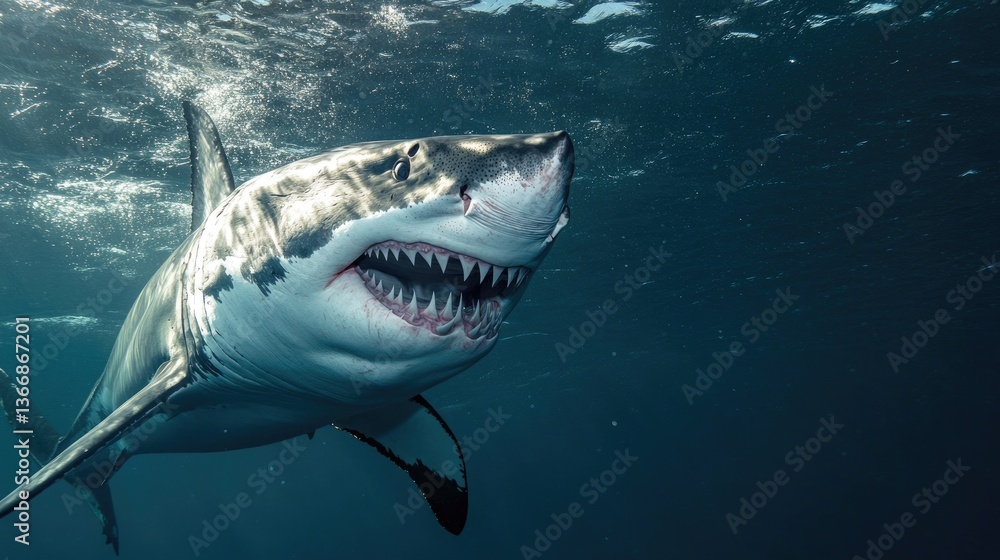 Obraz premium An aggressive great white shark bares its razor-sharp teeth as it swims toward the camera in the deep ocean.
