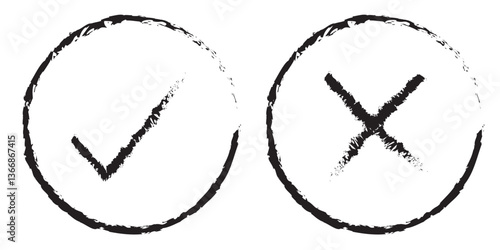 Green check mark and red cross mark in circle. Vector illustration. Isolated on white background