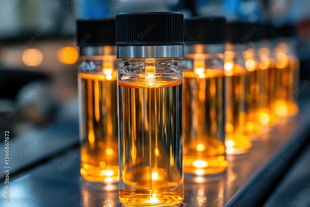 Bright Amber Bottles with Liquid in Manufacturing Facility Background Bright Amber Bottles with Liquid in Manufacturing Facility Background