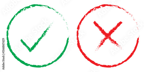 Green check mark and red cross mark in circle. Vector illustration. Isolated on white background