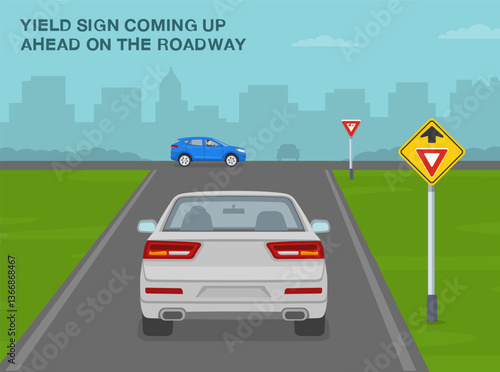Safe driving tips and traffic regulation rules. Yield sign coming up ahead. Back view of a white car approaching the intersection with "yield" sign. Flat vector illustration template.