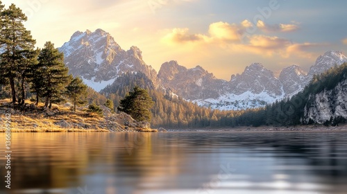 A serene mountain lake reflects the majestic snow-capped peaks at sunset providing ample negative space ideal for text or placement with high-fidelity detail in a stunning