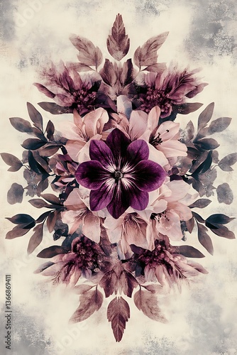Vintage-inspired floral motifs arranged in a symmetric layout with subtle textures