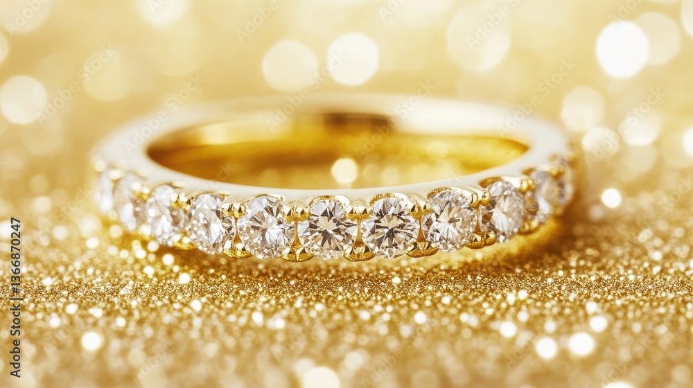 A close-up of a classic eternity gold ring adorned with diamonds, resting on a golden textured background. A close-up of a classic eternity gold ring adorned with diamonds, resting on a golden textured background.