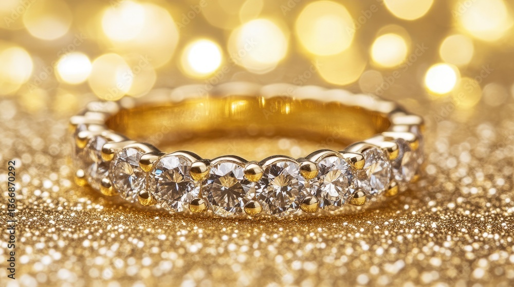 A close-up of a classic eternity gold ring adorned with diamonds, resting on a golden textured background. A close-up of a classic eternity gold ring adorned with diamonds, resting on a golden textured background.