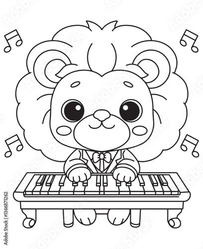 Coloring book  lion playing piano with musical notes around. Fun line art for coloring