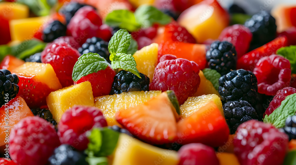 Close Up of Fresh Fruit Salad with Strawberries Raspberries Blackberries and Mint Healthy and Vibrant Food Still Life Close Up of Fresh Fruit Salad with Strawberries Raspberries Blackberries and Mint Healthy and Vibrant Food Still Life
