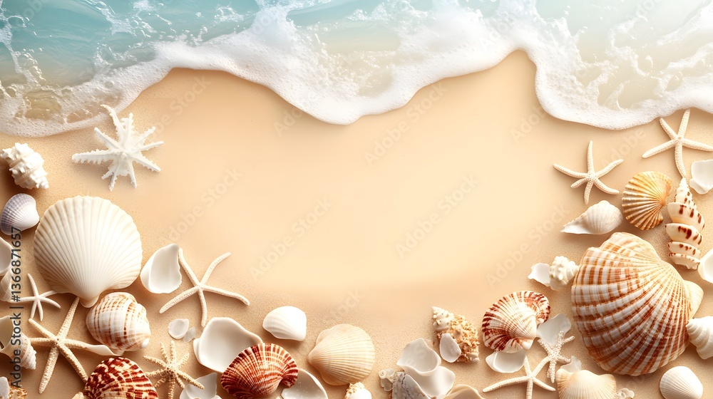 Obraz premium A peaceful sandy beach backdrop with an array of seashells starfish and other marine elements creating a serene and inviting coastal atmosphere