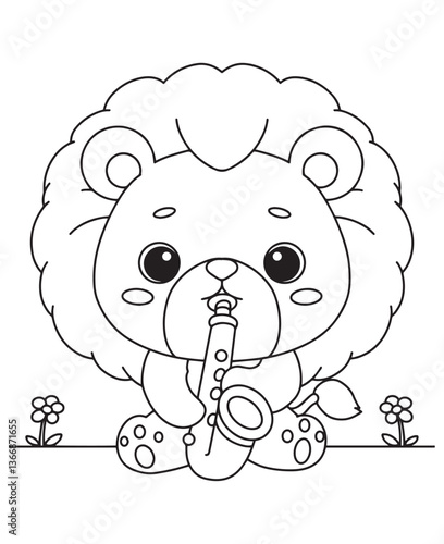 Coloring book lion playing a saxophone with flowers around. Fun line art for coloring