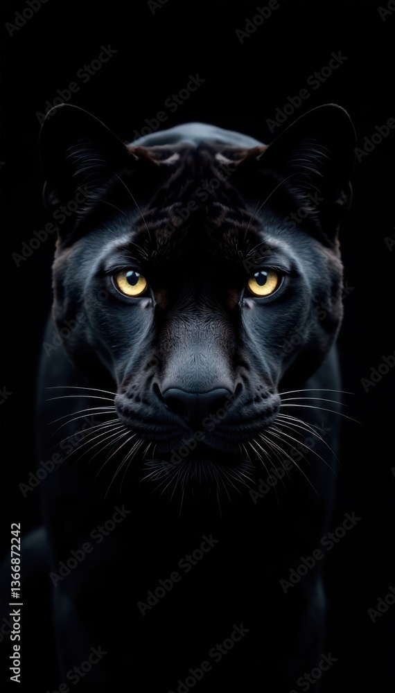 Obraz premium Close-up of a black panther's face in the middle of a black background, animal features, closeup