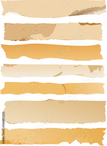 A collection of torn paper strips in various warm beige and tan tones, showcasing texture and color variations.