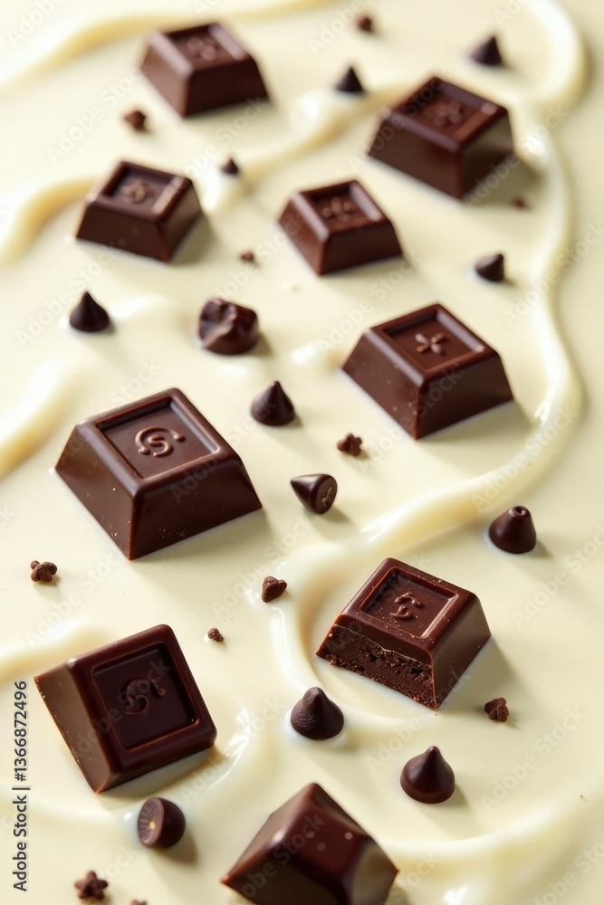 Fototapeta premium Rich dark chocolate chunks in white creamy background, dessert, indulgent, dark milk chocolate