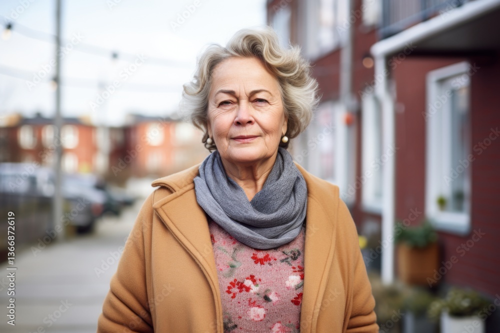 Fototapeta premium Portrait of a senior body positive woman with slightly messy modern apartment in the background in Sweden