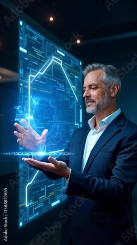 Automation of business or robotic process RPA technology. Transfer of data between application. Businessman touching gears icon on network connection.