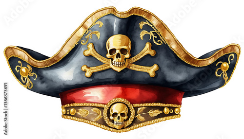 Detailed Pirate Hat with Skull and Crossbones Watercolor Illustration
