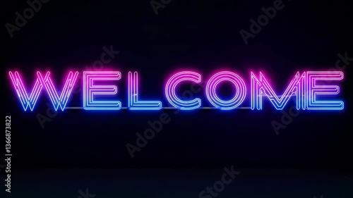Vibrant neon welcome sign transitioning from darkness to glowing brightness