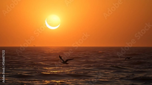 partial solar eclipse over vast ocean sun's crescent glow reflecting