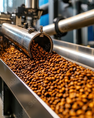 Production Line with Brown Pet Food Being Processed in a Modern Facility