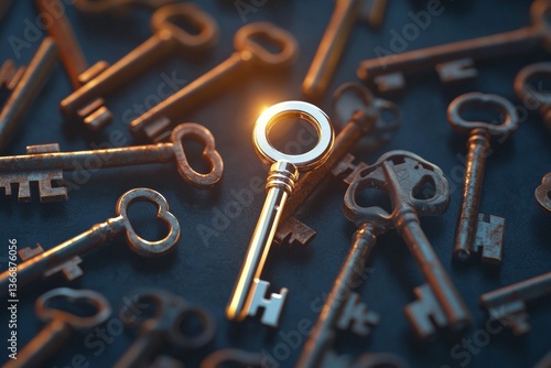 Golden key among rusty vintage keys symbolizing uniqueness, success, leadership, opportunity, standout potential, value, and personal growth in a conceptual metaphor on contrast and choice
