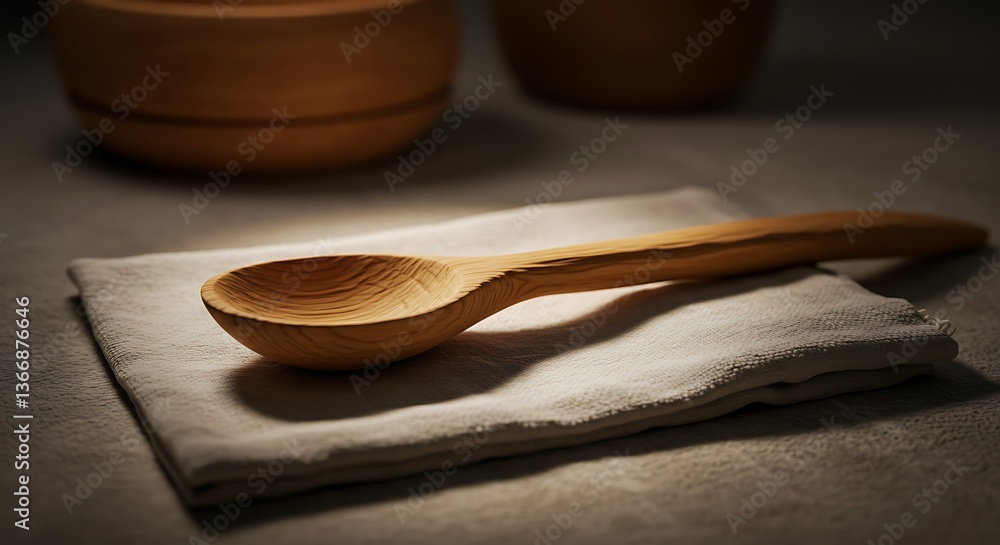 Wooden Spoon Resting on Linen Cloth with Bowls in Background Wooden Spoon Resting on Linen Cloth with Bowls in Background