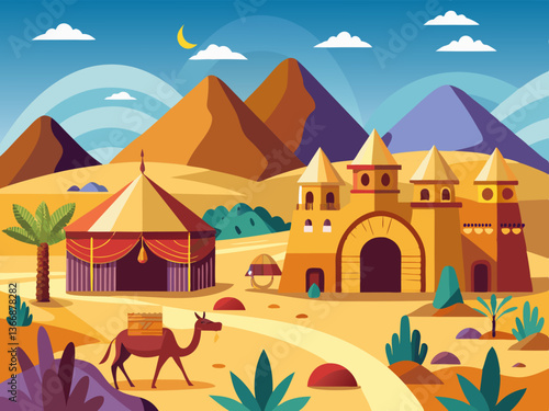 colorful illustration of a caravanserai camel and desert