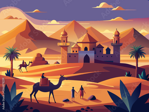 colorful illustration of a caravanserai camel and desert