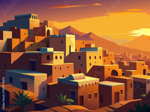 colorful illustration of a golden sunset and desert village 