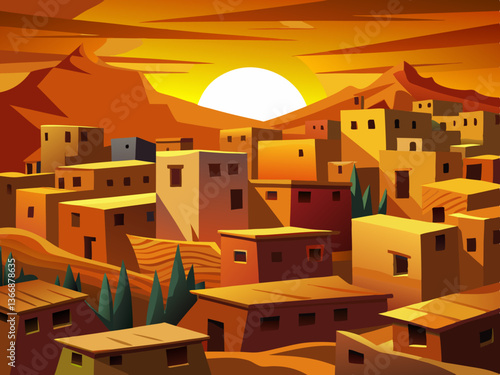 colorful illustration of a golden sunset and desert village 