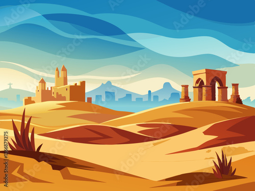 colorful illustration of a desert sunset and castle silhouette