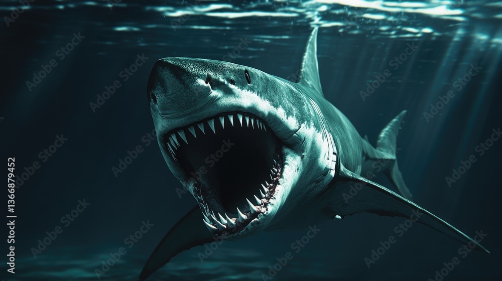 Obraz premium A massive shark with its mouth wide open swims through dark ocean waters, revealing rows of deadly teeth.