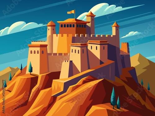 colorful illustration of a grand desert castle fortless