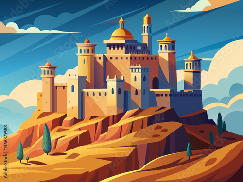 colorful illustration of a grand desert castle fortless