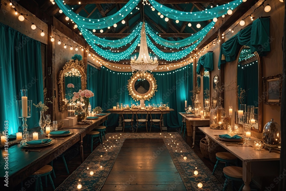 Fototapeta premium Enchanting Teal and Gold Dreamy Space with Sparkling Lights