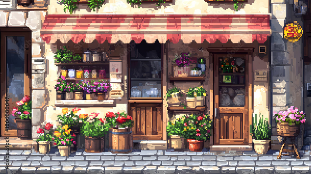 Fototapeta premium Charming Storefront with Flowers in Pots on Cobblestone Street with Red Striped Awning and Wooden Door in Vintage Building