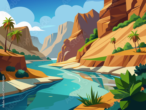 colorful illustration of a pristine river between rock cliff