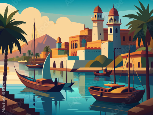 colorful illustration of a quiet middle eastern harbor