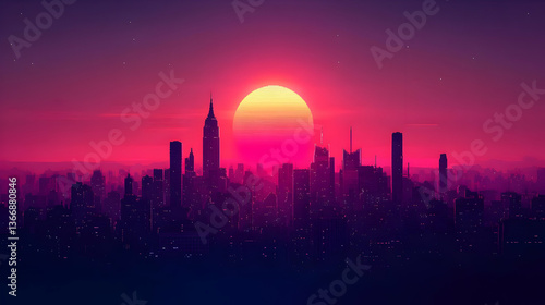 Fototapeta Naklejka Na Ścianę i Meble -  Cityscape Silhouette Under A Vibrant Pixelated Sunset in Purple Sky with Glowing Sun and Retro City Architecture in Digital Art Style