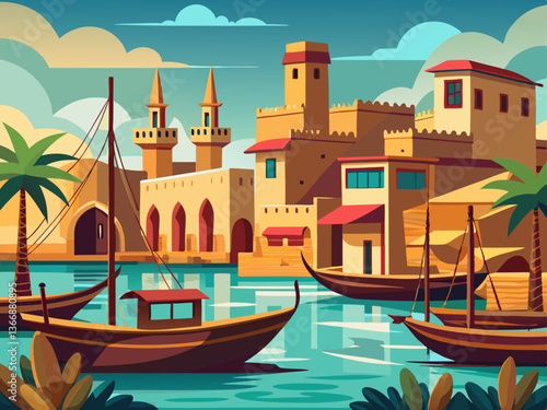 colorful illustration of a quiet middle eastern harbor