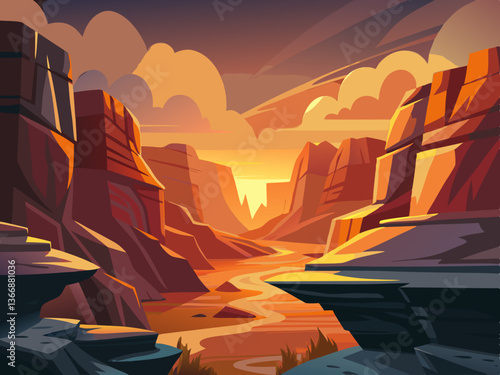 colorful illustration of a sandstone canyon rock cliff and sunset