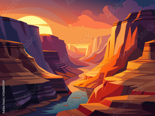 colorful illustration of a grand canyon river and sunset panoramic
