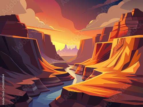 colorful illustration of a grand canyon river and sunset panoramic