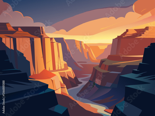 colorful illustration of a grand canyon river and sunset panoramic